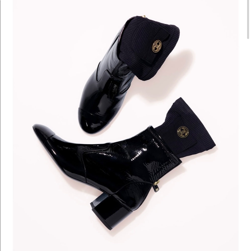 One of a kind patent lamb skin leather Chanel ankle boots with removable sock. - Picture 2 of 5